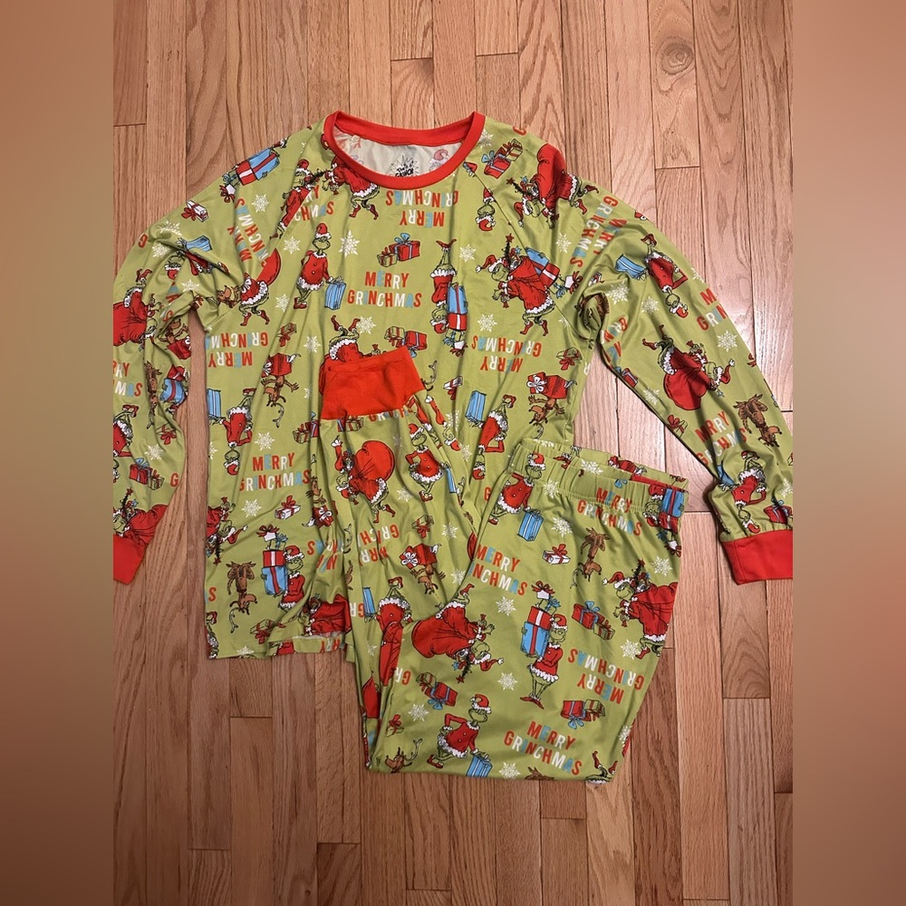 The Grinch Merry Grinchmas Pajama Set Green Red Trim Long Sleeve Pants L